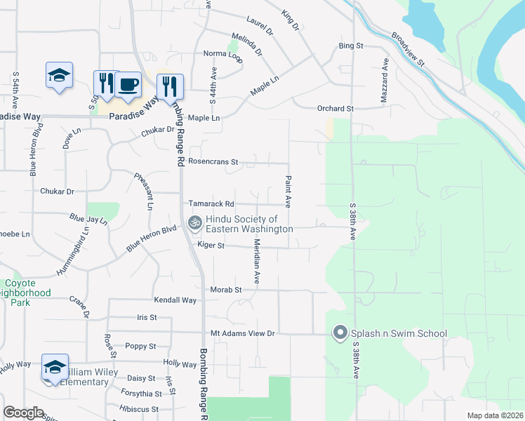 map of restaurants, bars, coffee shops, grocery stores, and more near 4180-4210 Tamarack Road in West Richland