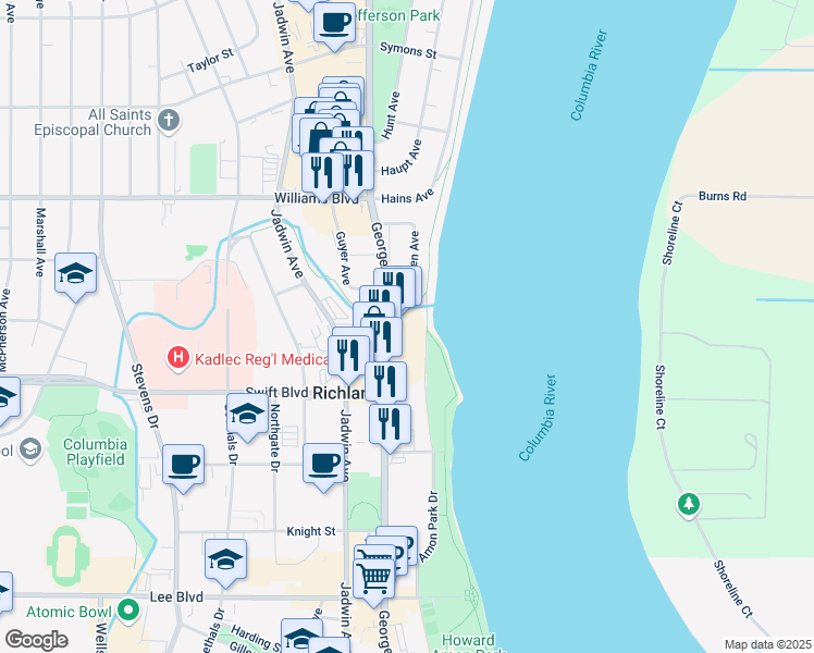 map of restaurants, bars, coffee shops, grocery stores, and more near 1084 George Washington Way in Richland