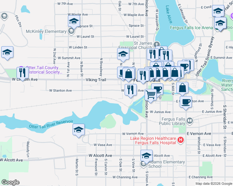 map of restaurants, bars, coffee shops, grocery stores, and more near 512 West Stanton Avenue in Fergus Falls