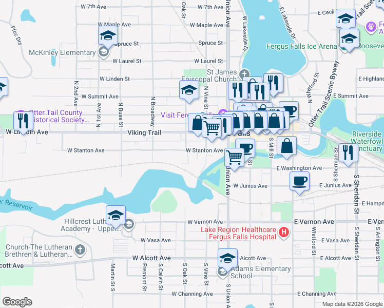 map of restaurants, bars, coffee shops, grocery stores, and more near 417 West Stanton Avenue in Fergus Falls