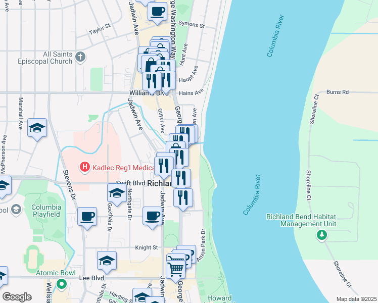 map of restaurants, bars, coffee shops, grocery stores, and more near 1084 George Washington Way in Richland