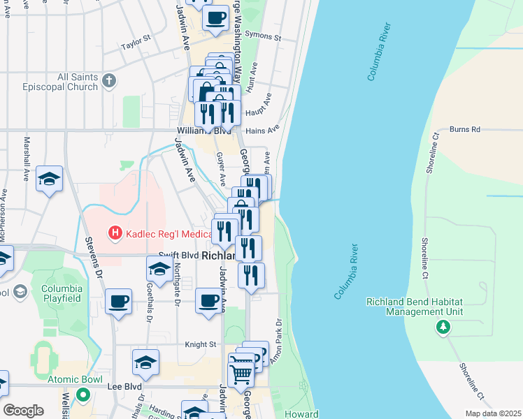 map of restaurants, bars, coffee shops, grocery stores, and more near 1084 George Washington Way in Richland