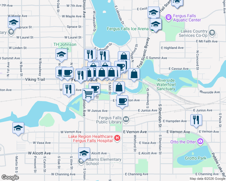 map of restaurants, bars, coffee shops, grocery stores, and more near 125 South Mill Street in Fergus Falls