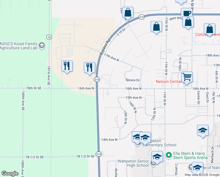 map of restaurants, bars, coffee shops, grocery stores, and more near 1546 16th Avenue North in Wahpeton