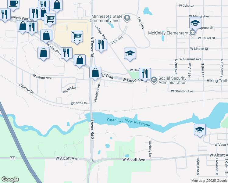 map of restaurants, bars, coffee shops, grocery stores, and more near 1403 West Lincoln Avenue in Fergus Falls