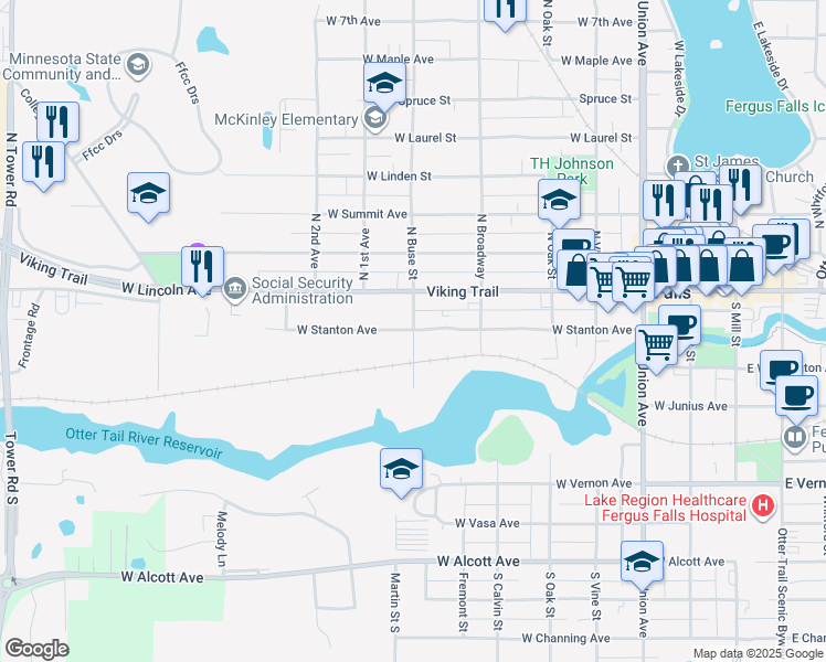map of restaurants, bars, coffee shops, grocery stores, and more near 202 South Buse Street in Fergus Falls