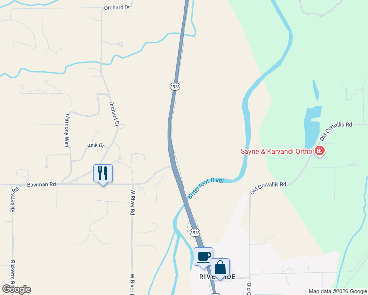 map of restaurants, bars, coffee shops, grocery stores, and more near 500 U.S. 93 in Hamilton