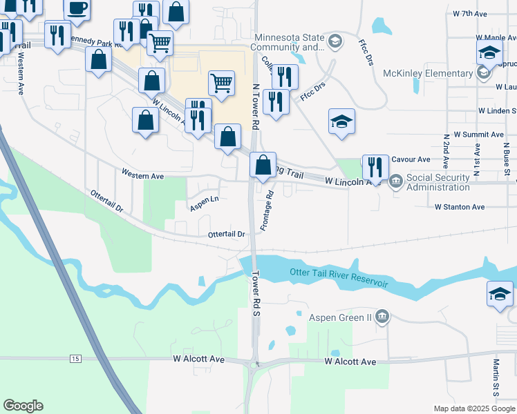 map of restaurants, bars, coffee shops, grocery stores, and more near 259 South Tower Road in Fergus Falls