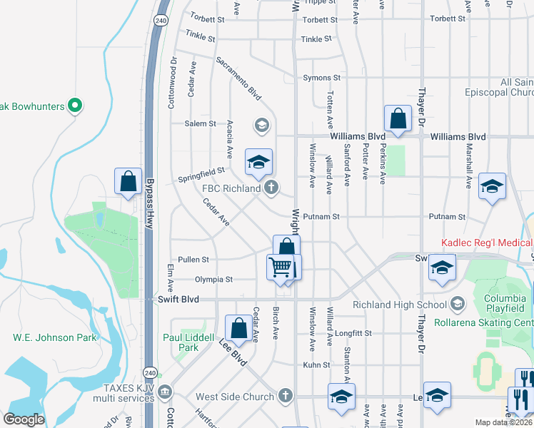 map of restaurants, bars, coffee shops, grocery stores, and more near 2203 Putnam Street in Richland