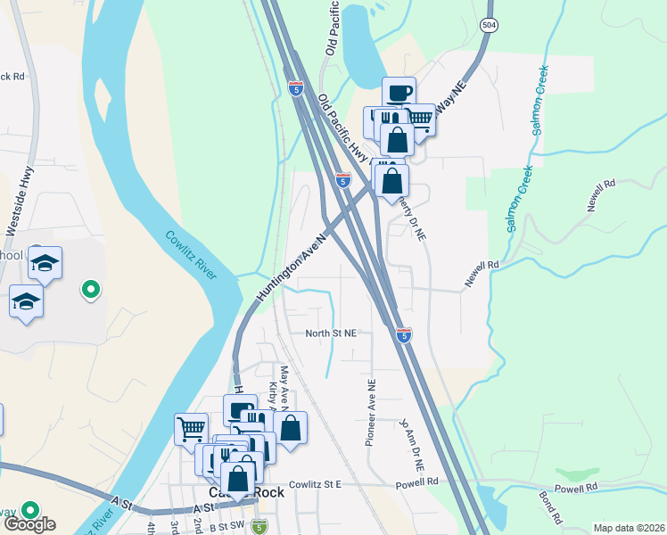 map of restaurants, bars, coffee shops, grocery stores, and more near 827 Woodard Avenue Northeast in Castle Rock