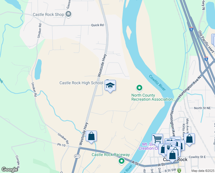 map of restaurants, bars, coffee shops, grocery stores, and more near 5180 Westside Highway in Castle Rock