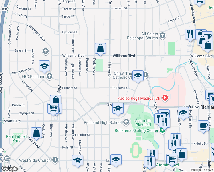 map of restaurants, bars, coffee shops, grocery stores, and more near 1101 Thayer Drive in Richland