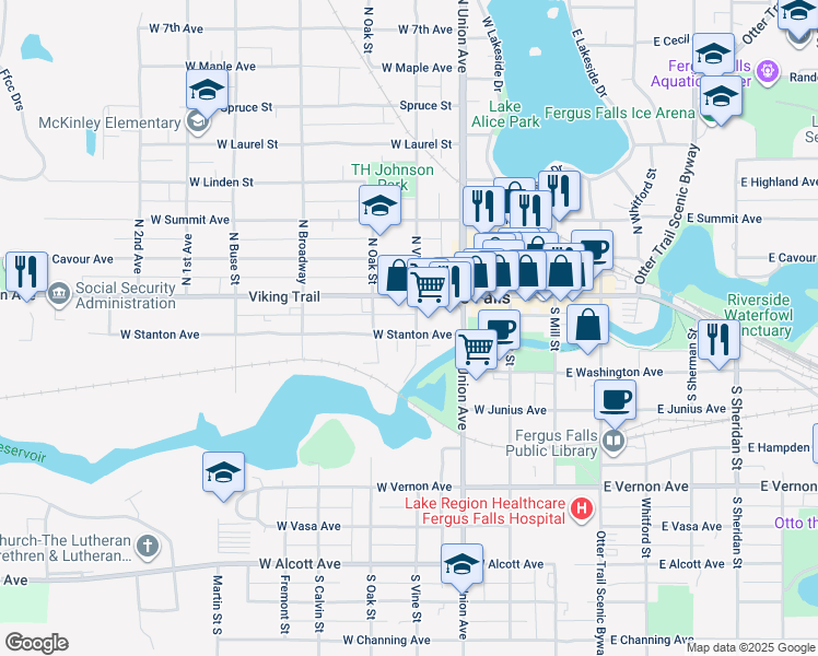 map of restaurants, bars, coffee shops, grocery stores, and more near 130 South Vine Street in Fergus Falls