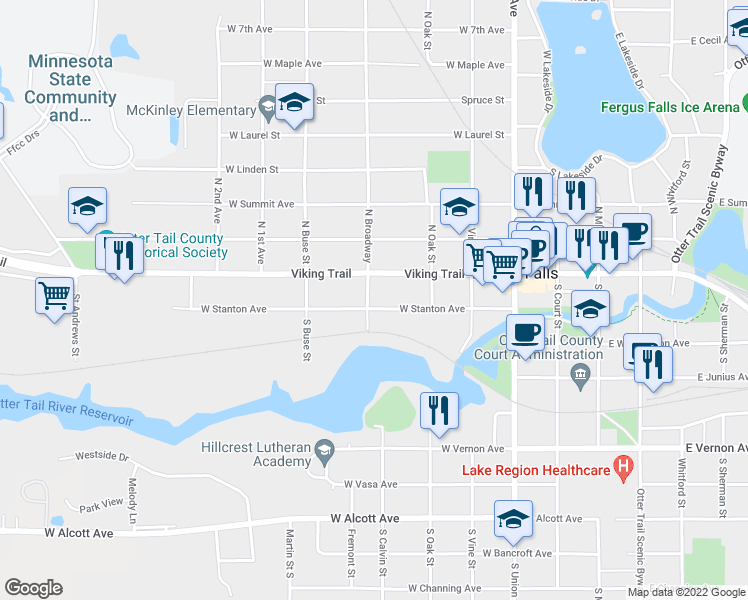 map of restaurants, bars, coffee shops, grocery stores, and more near 542 West Stanton Avenue in Fergus Falls