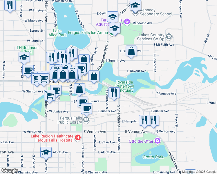 map of restaurants, bars, coffee shops, grocery stores, and more near East Lincoln Avenue in Fergus Falls