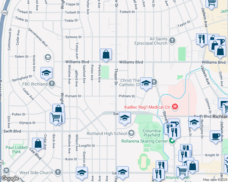 map of restaurants, bars, coffee shops, grocery stores, and more near 1101 Thayer Drive in Richland