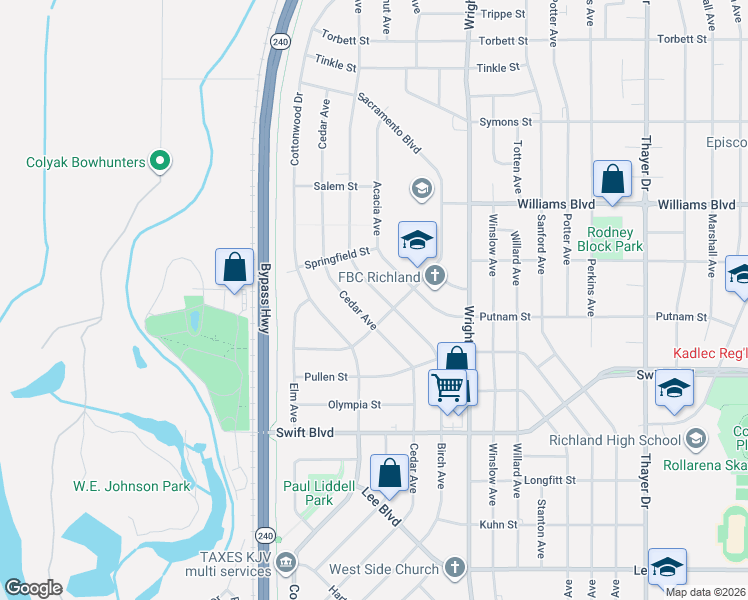 map of restaurants, bars, coffee shops, grocery stores, and more near 1105 Cedar Avenue in Richland
