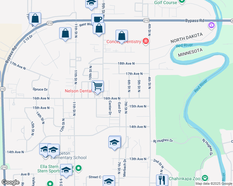 map of restaurants, bars, coffee shops, grocery stores, and more near 802 16th Avenue North in Wahpeton