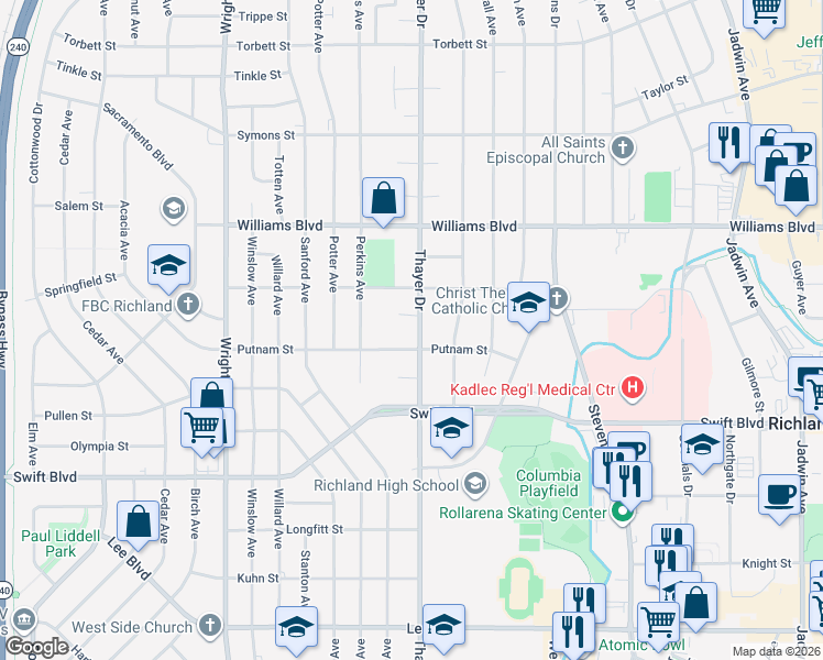 map of restaurants, bars, coffee shops, grocery stores, and more near 1101 Thayer Drive in Richland