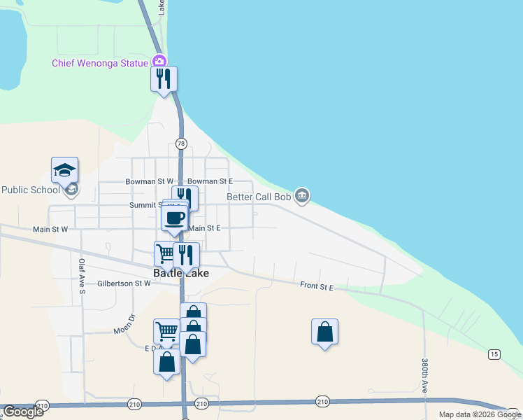 map of restaurants, bars, coffee shops, grocery stores, and more near 102 Madison Avenue North in Battle Lake