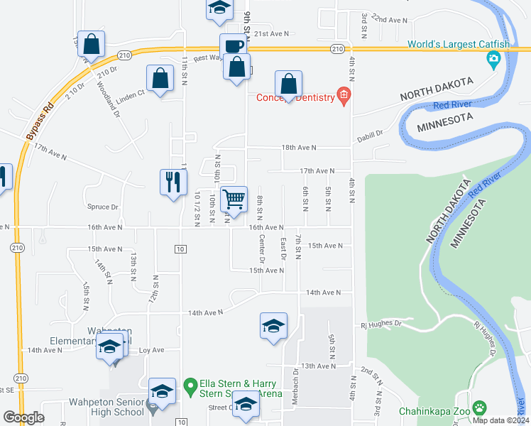 map of restaurants, bars, coffee shops, grocery stores, and more near 802 16th Avenue North in Wahpeton