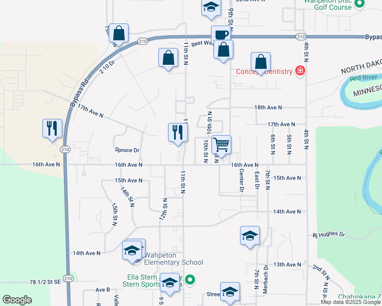 map of restaurants, bars, coffee shops, grocery stores, and more near 1613 10 1/2 Street North in Wahpeton