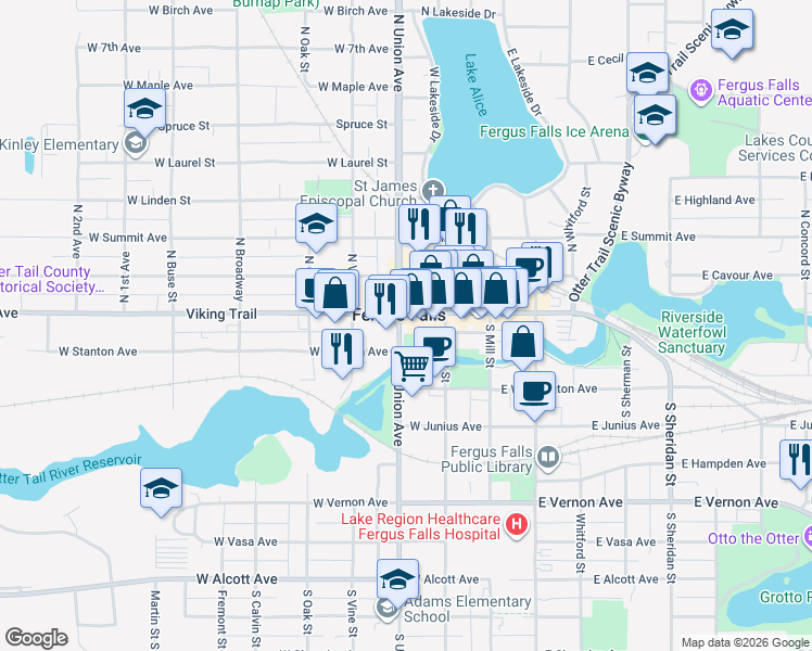 map of restaurants, bars, coffee shops, grocery stores, and more near 225 West Lincoln Avenue in Fergus Falls