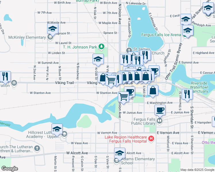 map of restaurants, bars, coffee shops, grocery stores, and more near 130 South Vine Street in Fergus Falls