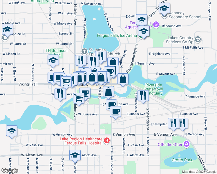 map of restaurants, bars, coffee shops, grocery stores, and more near 125 South Mill Street in Fergus Falls