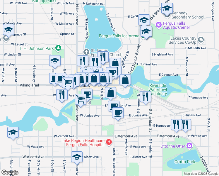 map of restaurants, bars, coffee shops, grocery stores, and more near 125 South Mill Street in Fergus Falls