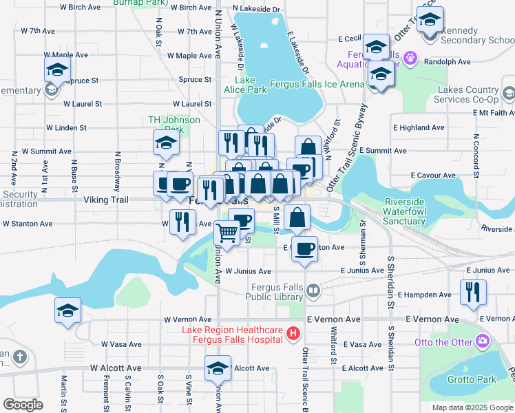 map of restaurants, bars, coffee shops, grocery stores, and more near 115 South Court Street in Fergus Falls