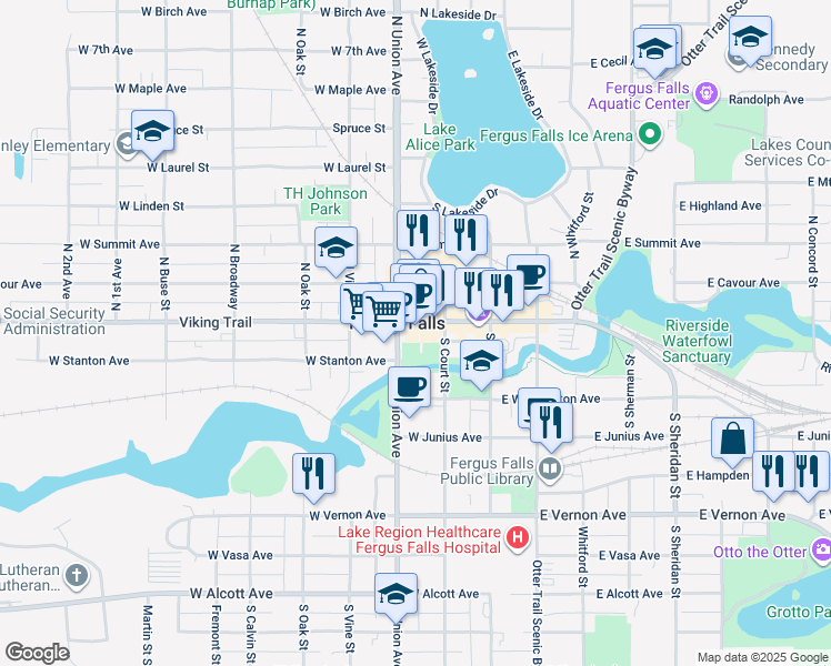 map of restaurants, bars, coffee shops, grocery stores, and more near 116 South Court Street in Fergus Falls