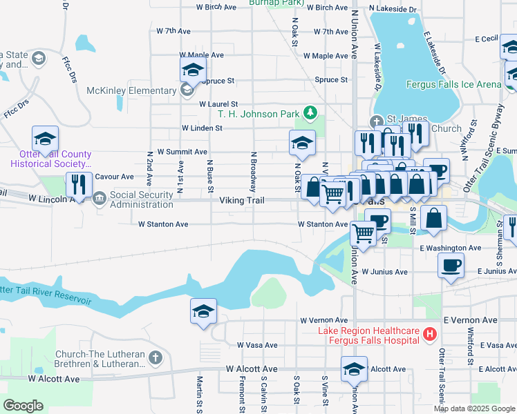map of restaurants, bars, coffee shops, grocery stores, and more near 542 West Stanton Avenue in Fergus Falls