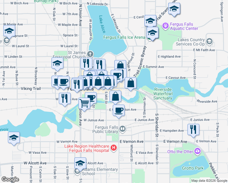 map of restaurants, bars, coffee shops, grocery stores, and more near 125 South Mill Street in Fergus Falls