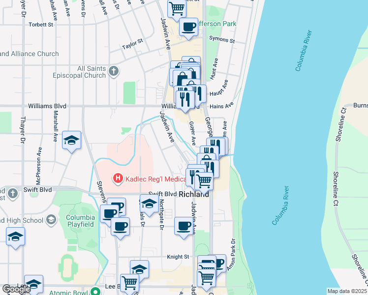 map of restaurants, bars, coffee shops, grocery stores, and more near 1060 Jadwin Ave in Richland