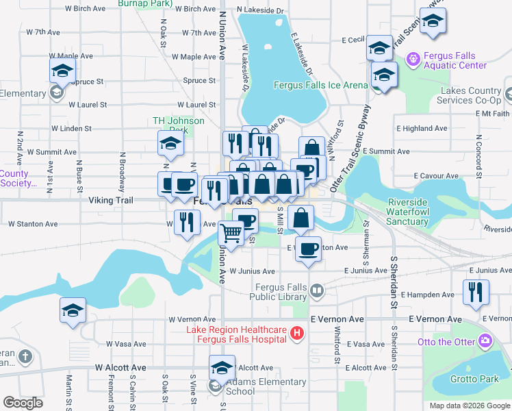 map of restaurants, bars, coffee shops, grocery stores, and more near 125 West Lincoln Avenue in Fergus Falls