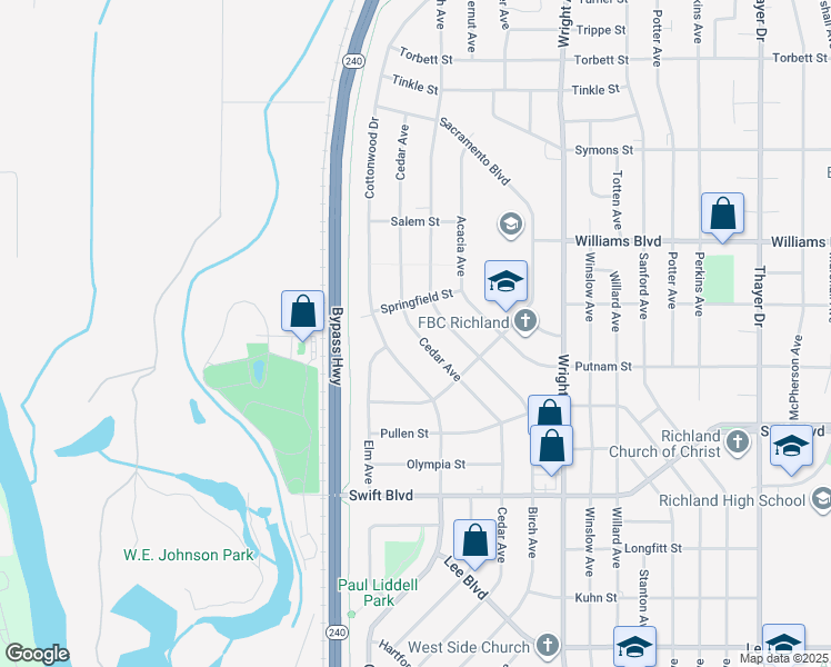 map of restaurants, bars, coffee shops, grocery stores, and more near 1114 Cedar Avenue in Richland