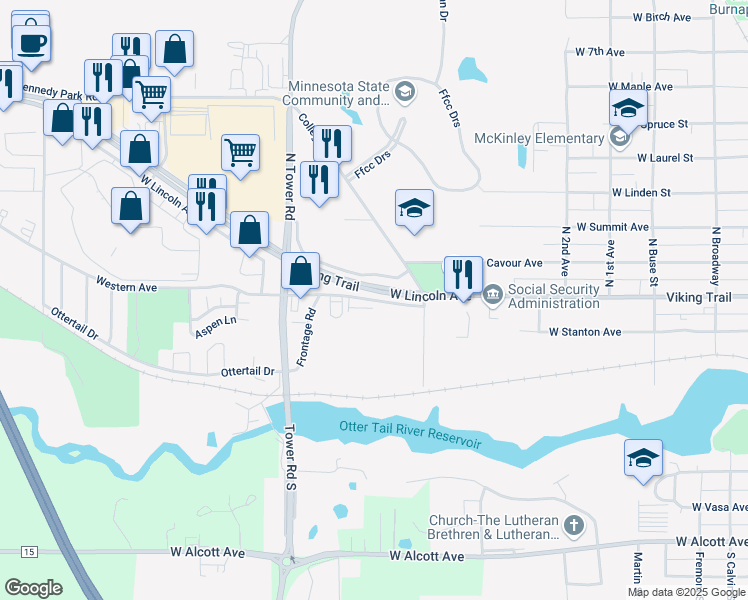 map of restaurants, bars, coffee shops, grocery stores, and more near 1380 West Lincoln Avenue in Fergus Falls