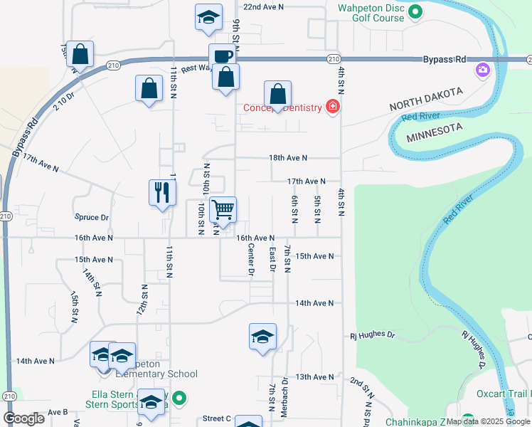 map of restaurants, bars, coffee shops, grocery stores, and more near 1624 8th Street North in Wahpeton