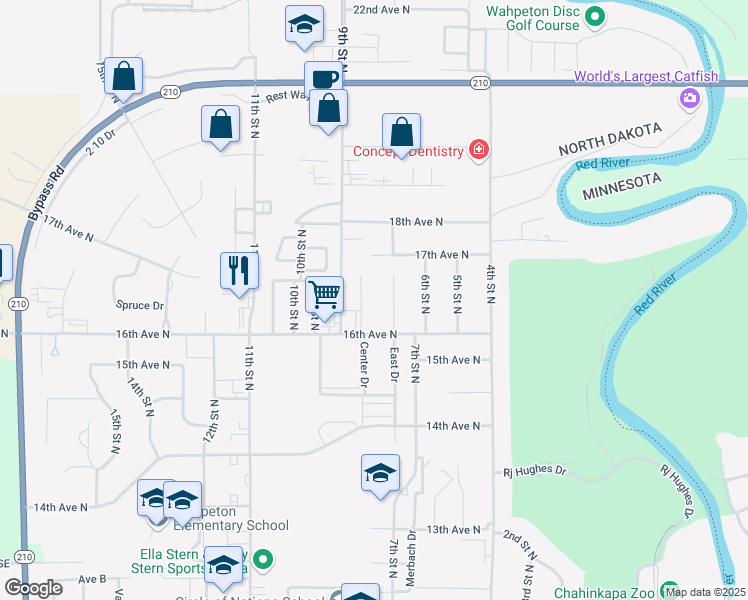 map of restaurants, bars, coffee shops, grocery stores, and more near 1624 8th Street North in Wahpeton