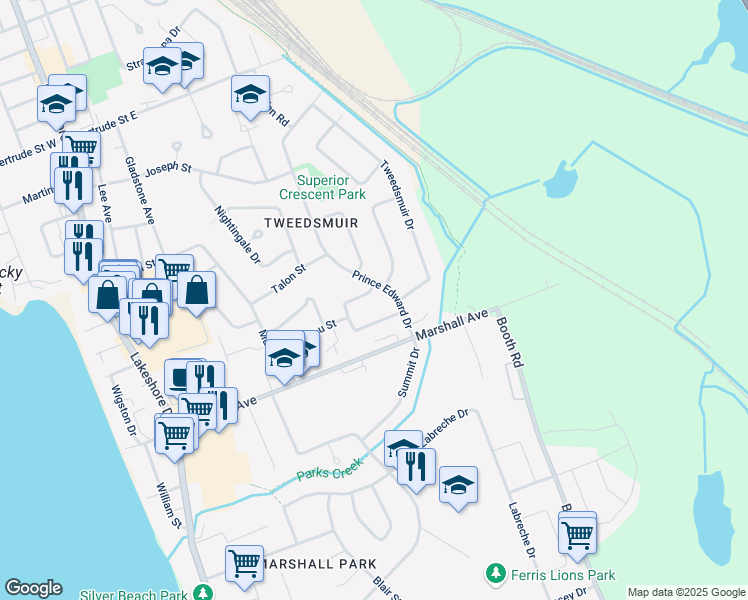 map of restaurants, bars, coffee shops, grocery stores, and more near 8 Charlton Crescent in North Bay