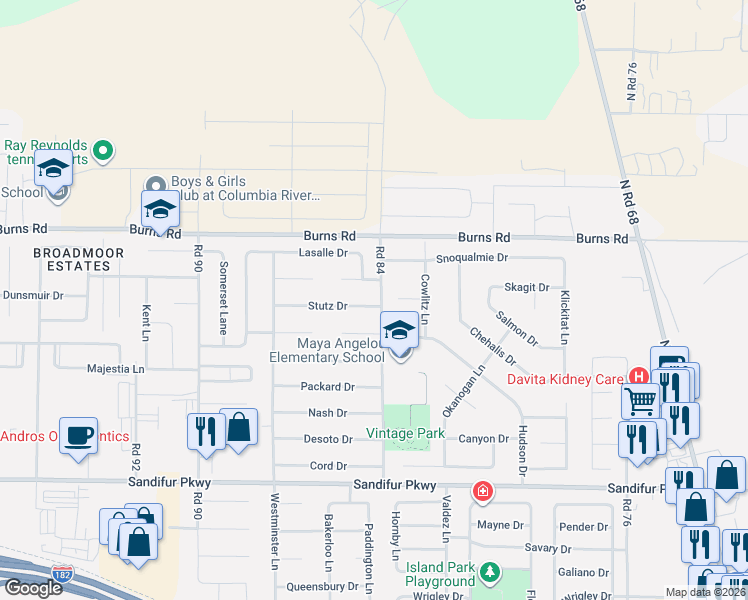 map of restaurants, bars, coffee shops, grocery stores, and more near 8402 Tucker Court in Pasco