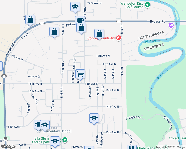 map of restaurants, bars, coffee shops, grocery stores, and more near 1624 8th Street North in Wahpeton