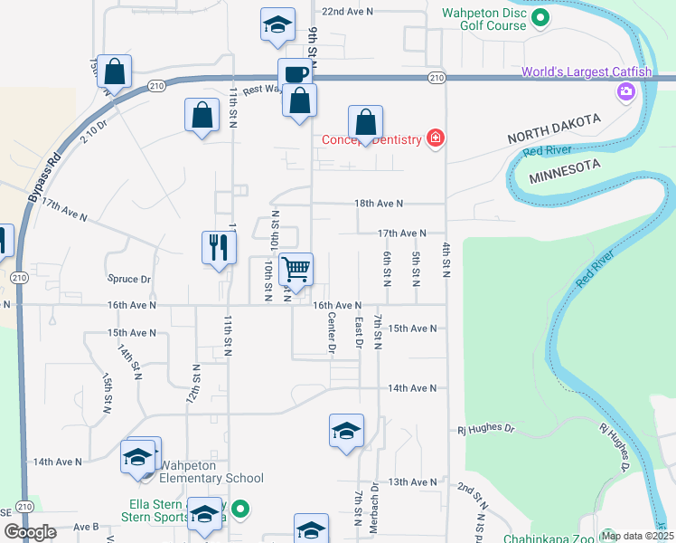 map of restaurants, bars, coffee shops, grocery stores, and more near 1624 8th Street North in Wahpeton