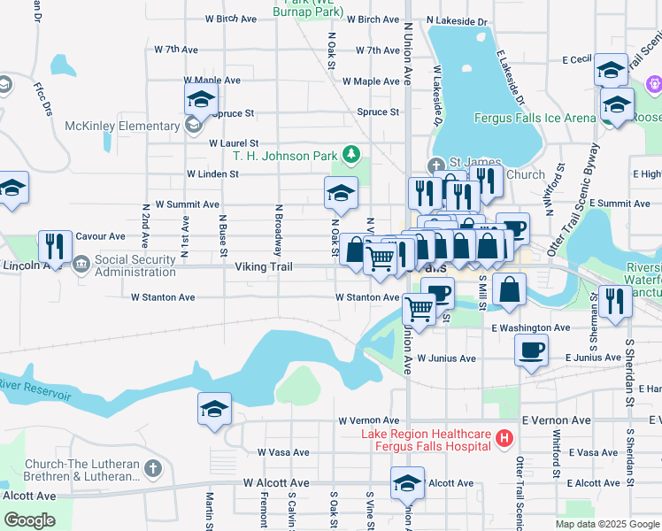map of restaurants, bars, coffee shops, grocery stores, and more near 506 West Lincoln Avenue in Fergus Falls