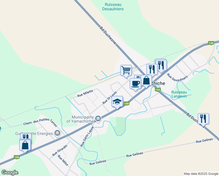 map of restaurants, bars, coffee shops, grocery stores, and more near 222 Rue de Carufel in Yamachiche