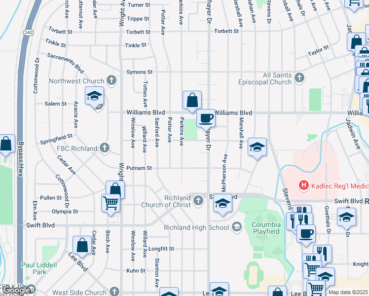 map of restaurants, bars, coffee shops, grocery stores, and more near 1507 Roberdeau Street in Richland