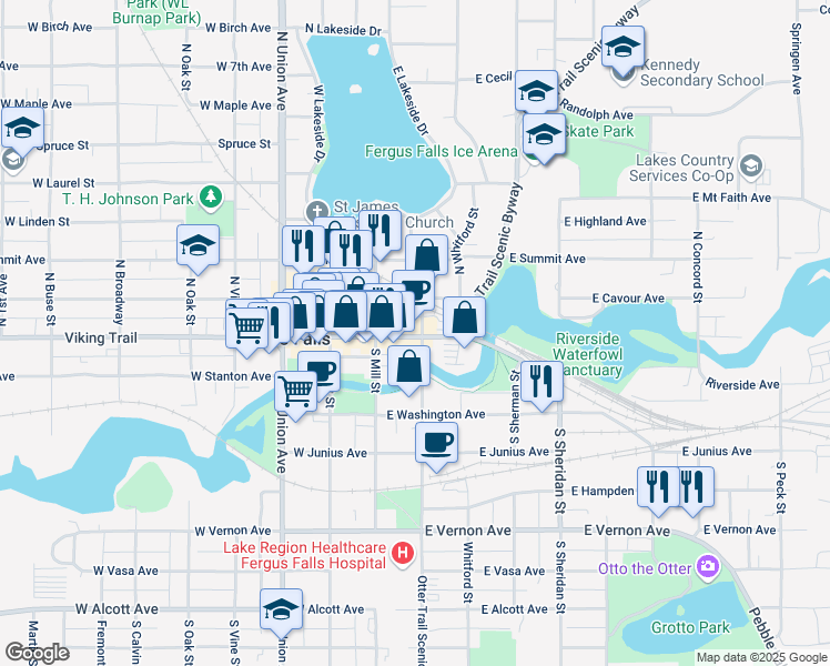 map of restaurants, bars, coffee shops, grocery stores, and more near 108 North Cascade Street in Fergus Falls