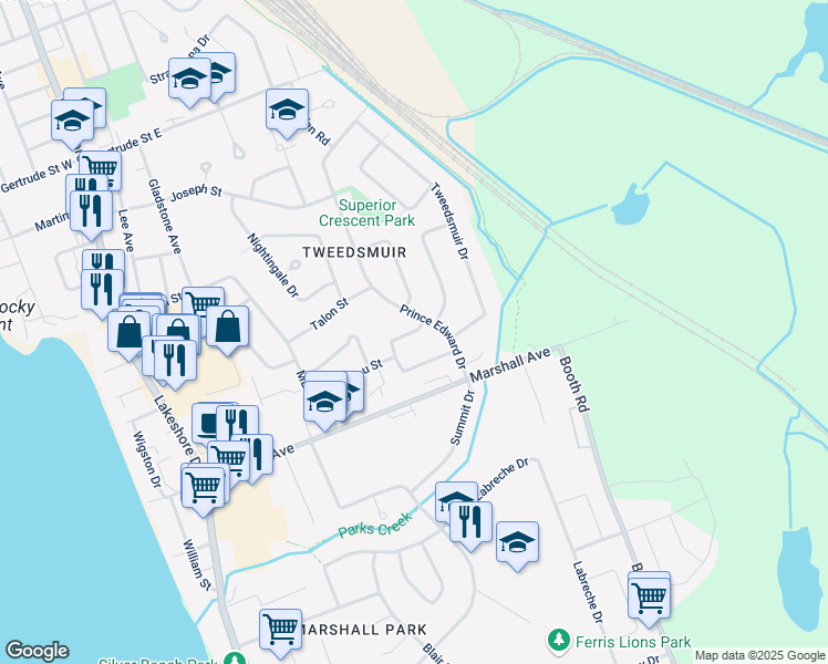 map of restaurants, bars, coffee shops, grocery stores, and more near Charlton Crescent in North Bay