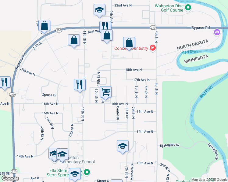 map of restaurants, bars, coffee shops, grocery stores, and more near 1621 8th Street North in Wahpeton